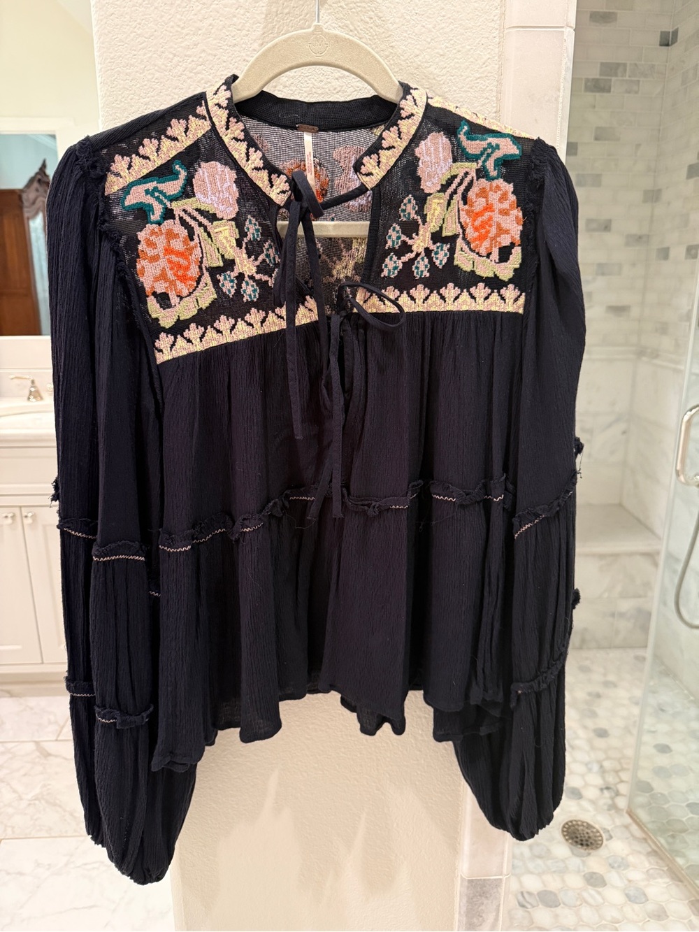 Free People Embroidered Black Peasant Blouse with Floral Yoke